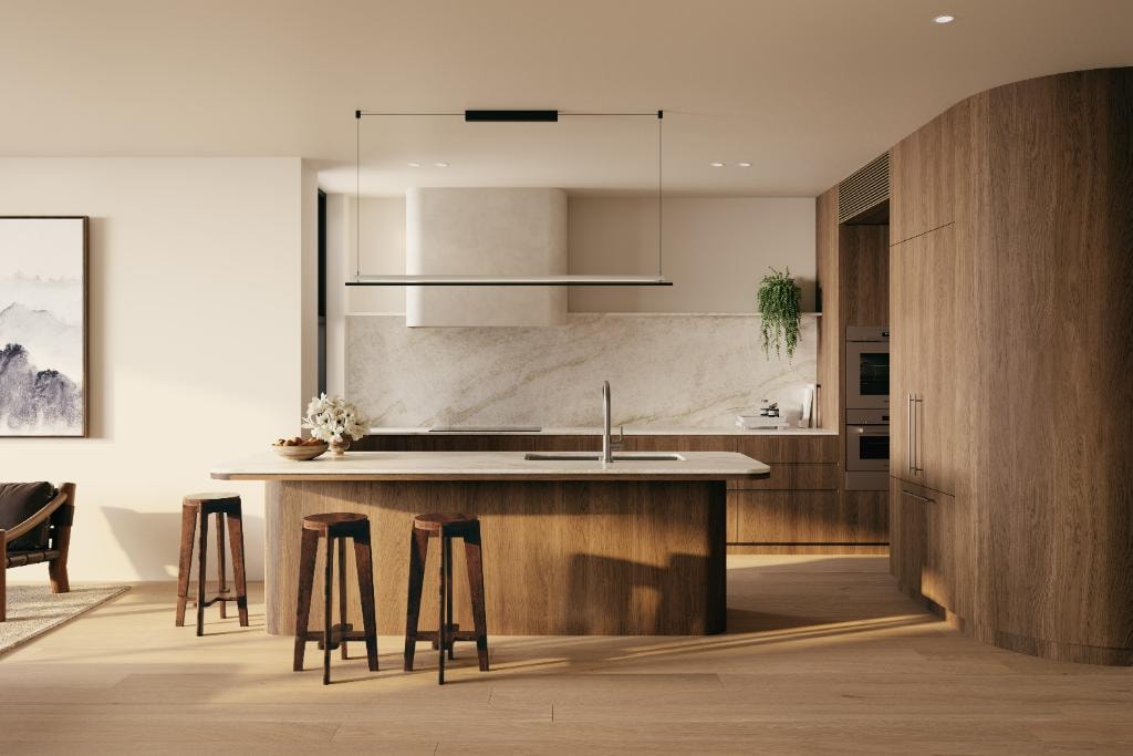 Norwich Crows Nest — kitchen with marble island and timber cabinetry