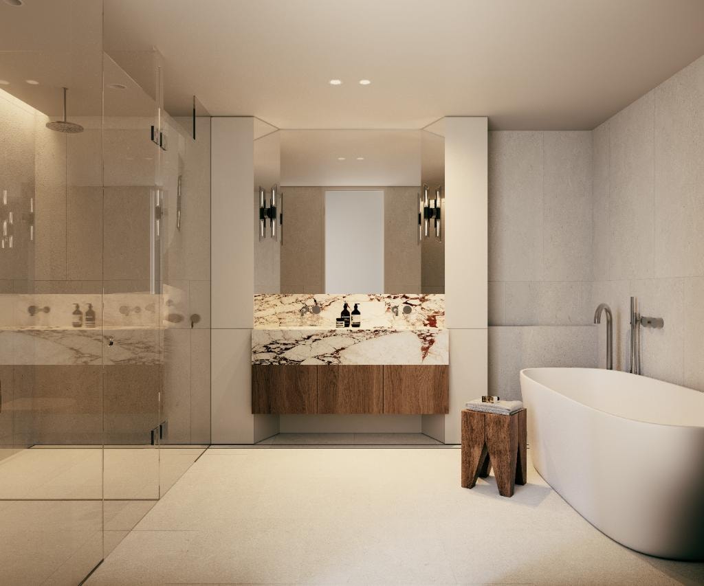 Norwich Crows Nest — ensuite with freestanding bath and marble vanity